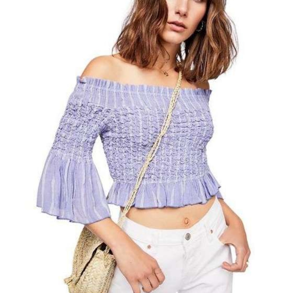 Free People Smock Around Striped Top Off The Shoulder Blouse in Periwinkle/White